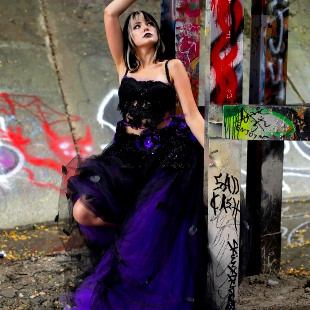 "LADY ANA" Custom Order Black & Purple Rose Petal Tulle Wedding Ballgown Set - Picture 8 of 13